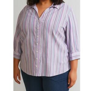Liz & Me Size 4X 30/32W Lavender Blue Striped Button Up Shirt 3/4 sleeves